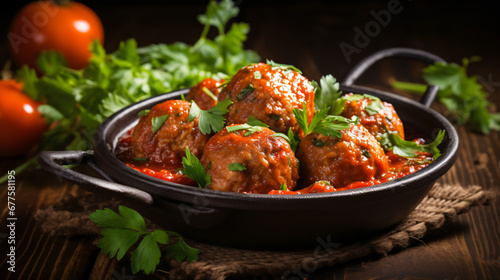 Homemade meatballs in tomato sauce with parsley photo