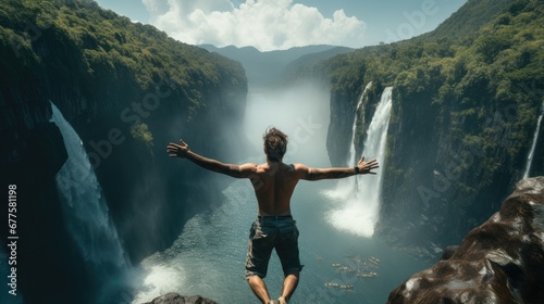 Man jumps into water of waterfalls.