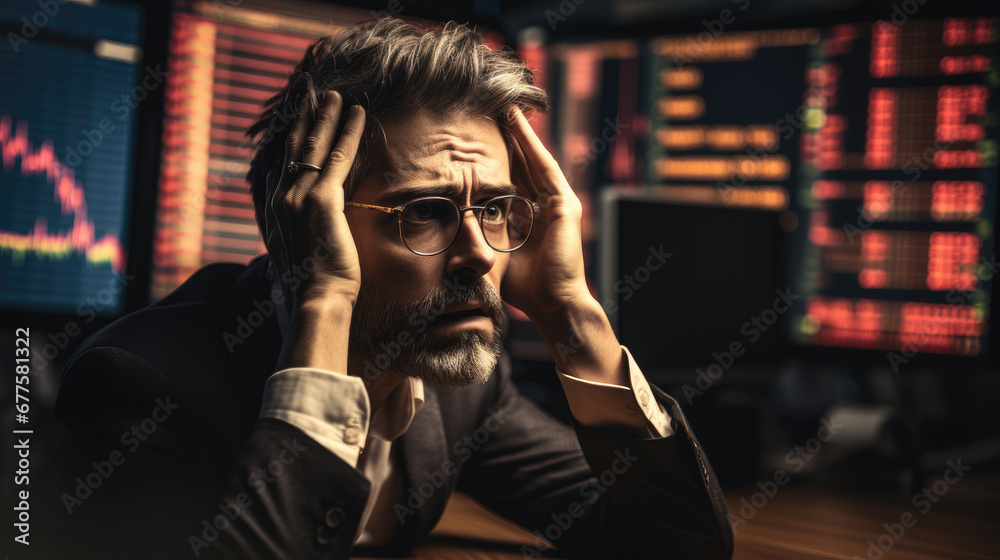 Recession, Inflation, A man trader staring at a computer screen displaying plummeting stock prices, Reflecting the financial distress and potential bankruptcy looming over him. Recession, Inflation, A man trader staring at a computer screen displaying plummeting stock prices, Reflecting the financial distress and potential bankruptcy looming over him.