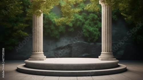 Stone platform with Corinthian pillars and natural trees with shadow background. Historical and landmark object for advertising concept. 3D illustration, Generative AI