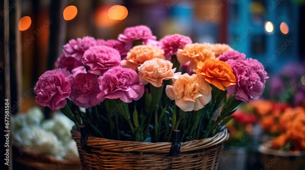 Beautiful bouquet of flowers in basket on blurred background, closeup. Mother's Day Concept. Valentine's Day Concept with a Copy Space. Springtime.