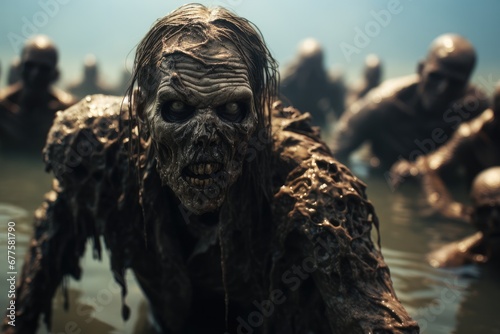 Scary rotting zombies in water.