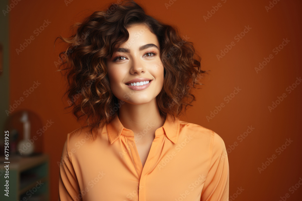 Portrait of a pleased woman against a light orange background. Portrait of a pleased woman against a light orange background.