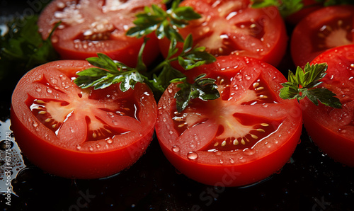 Fresh Red Tomato Slices with Basil Leaves © Daisy
