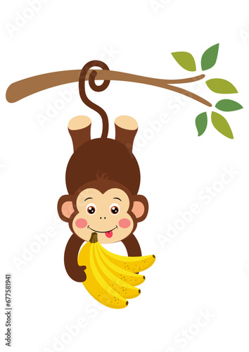 Greedy monkey hanging from the tree branch holding a bunch of bananas