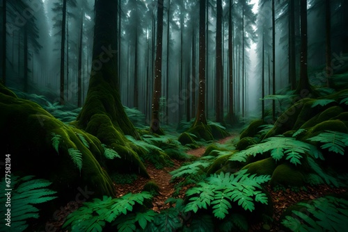 A mountain forest enveloped in a gentle rain  where the raindrops create a rhythmic patter on the leaves. The air is filled with the earthy fragrance of wet soil and pine.