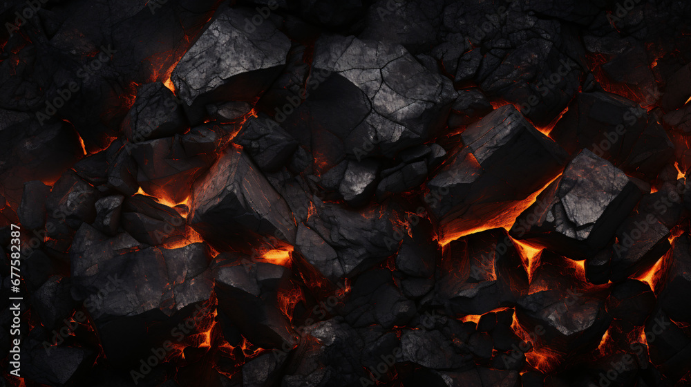 Hot coal pieces background top view close up - obrazy, fototapety, plakaty 