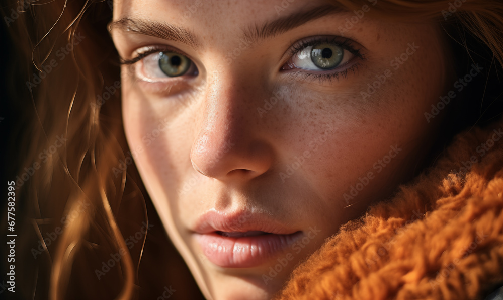 Close-up portrait of a beautiful woman in a orange sweater. Girl with red curly hair, pale skin and freckles, looking at camera. Close-up portrait of a beautiful woman in a orange sweater. Girl with red curly hair, pale skin and freckles, looking at camera.