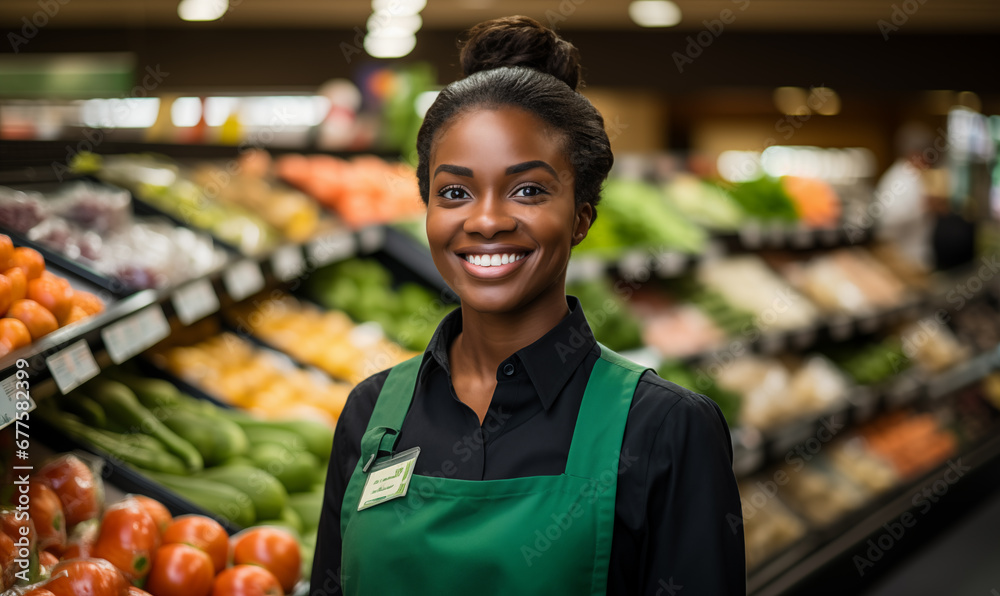 Obraz premium Portrait of smiling african american woman shop worker standing in supermarket. Young female food store assistant vegetable and fruit retailer. Grocery store manager.