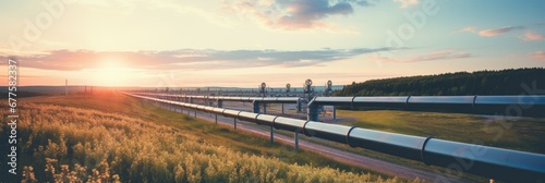 Gas and oil pipeline crosses green landscape with forest to the industrial plant. Transportation of oil and gas through pipes.