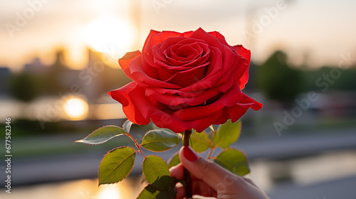 Hand holding single red rose flower on blurred evening city background