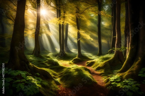 A serene forest glade, with leaves overhead filtering the morning sunlight, casting a soft and inviting glow.