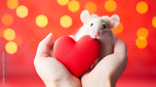 Hands hold cute mouse with red heart on red background. Postcard with funny animal for Valentine's Day. Festive background with copy space.