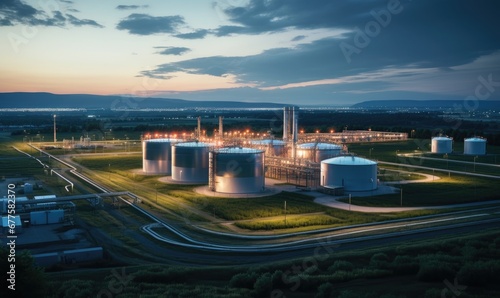 Modern industrial plant. Big oil tanks in refinery base. Storage of chemical products like oil, petrol, gas. Aerial view of petrol industrial zone at sunset.
