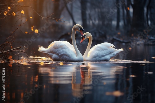 Fototapeta Naklejka Na Ścianę i Meble -  Two swans in love swimming in autumn lake. Pair white swans in heart shape floating in pond