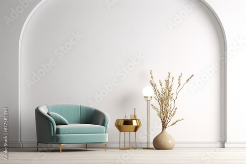 Interior of modern living room with brass coffee table and white armchair, empty wall with turquoise arch. Home design. 3d rendering, Generative AI photo