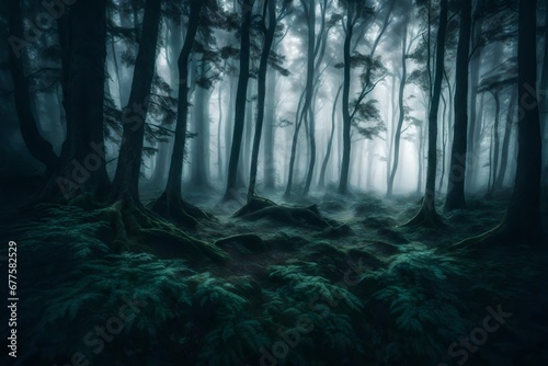 A dense fog rolling in over a mysterious forest, with trees shrouded in the ethereal light of the evening
