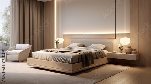 Modern interior design of bedroom with king size wooden bed, white walls with lights. Created with Ai photo
