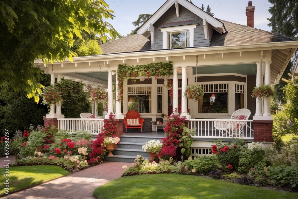 Fototapeta premium Welcome Home: Charming Family Abode with Inviting Front Porch and Lush Garden
