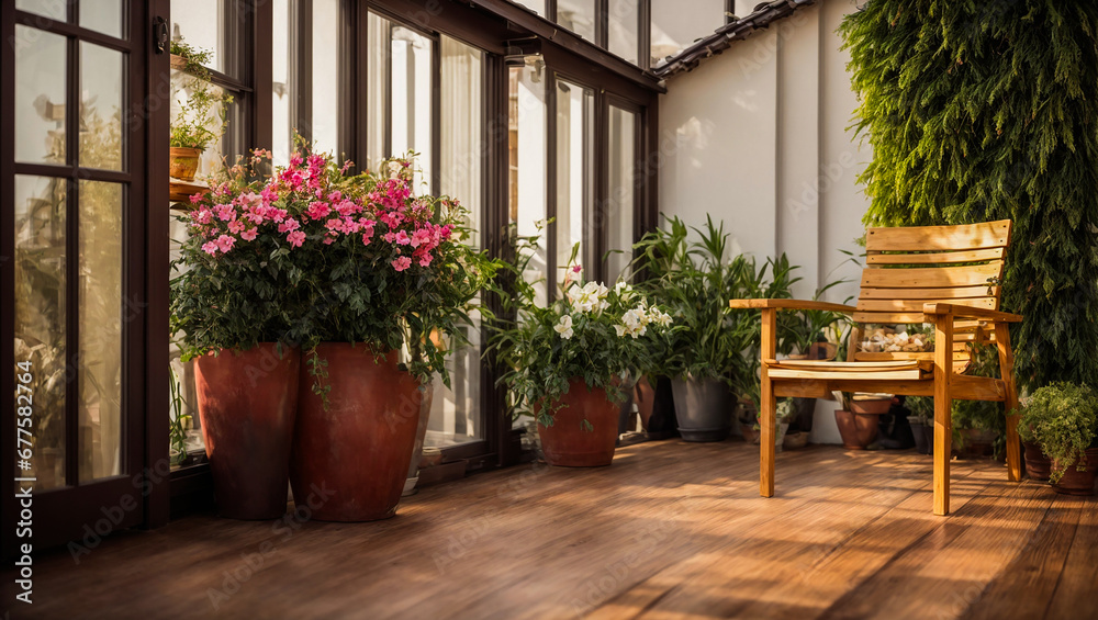 Beautiful balcony or terrace with wooden floor, chair and green potted flowers plant. Cozy relaxing area at home