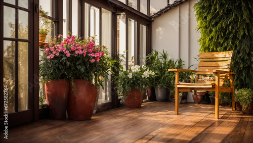 Beautiful balcony or terrace with wooden floor, chair and green potted flowers plant. Cozy relaxing area at home © Nuwan Buddhika