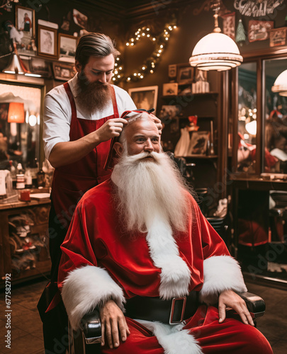 Santa Claus as customer in Barbershop, preparing for the christmas, new year 2024 