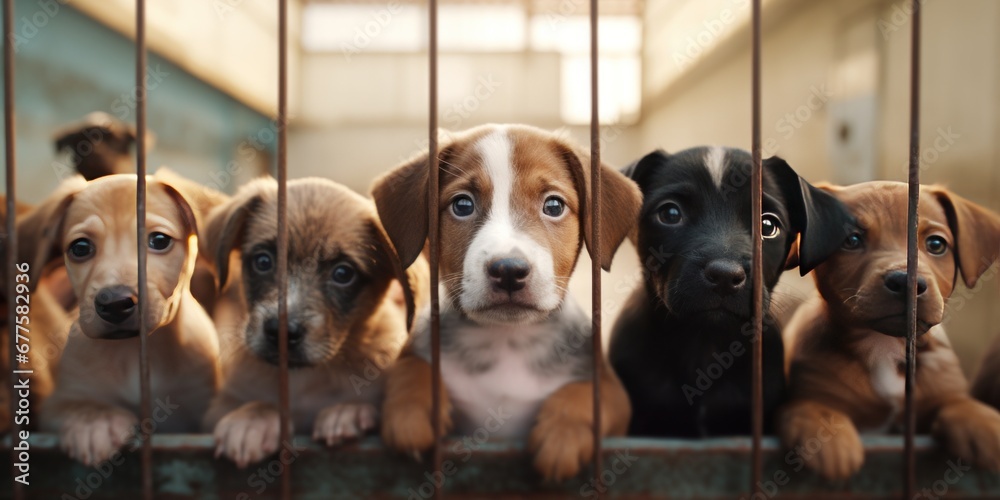 sad look of puppies in an animal shelter, behind bars, in the hope that they will be taken and sheltered. banner - obrazy, fototapety, plakaty 