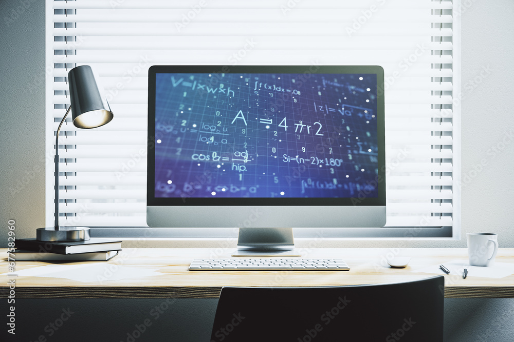 Creative scientific formula concept on modern laptop screen. 3D Rendering Creative scientific formula concept on modern laptop screen. 3D Rendering