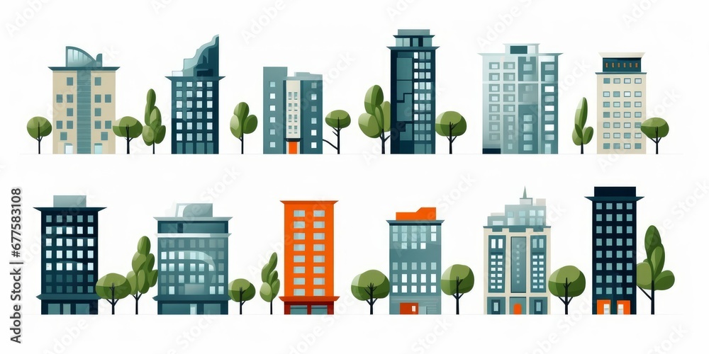 Minimal residential buildings. Geometric cityscape with skyscraper trees simple flat city constructor.  flat set, Generative AI