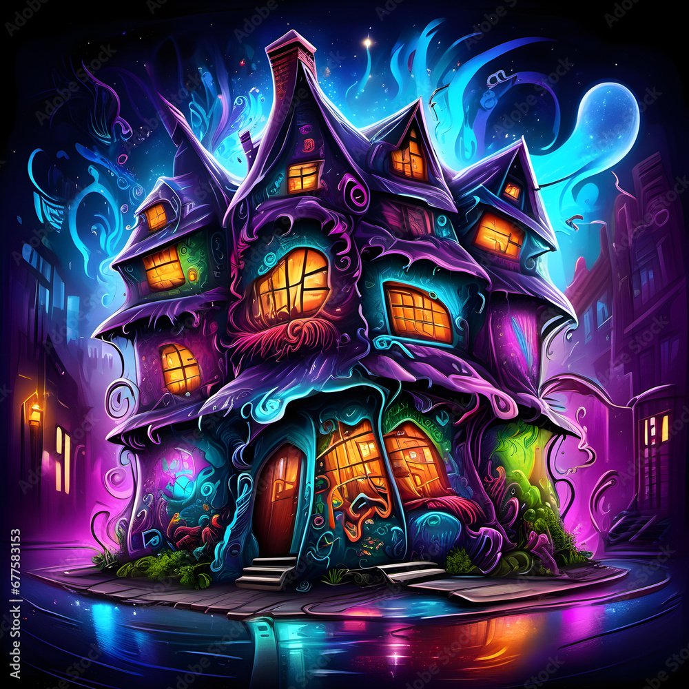 A Majestic Mural Fantasy Graffiti Graphic House in the style of a Famous Street Artist Designer with realistic glittery fantasy paint