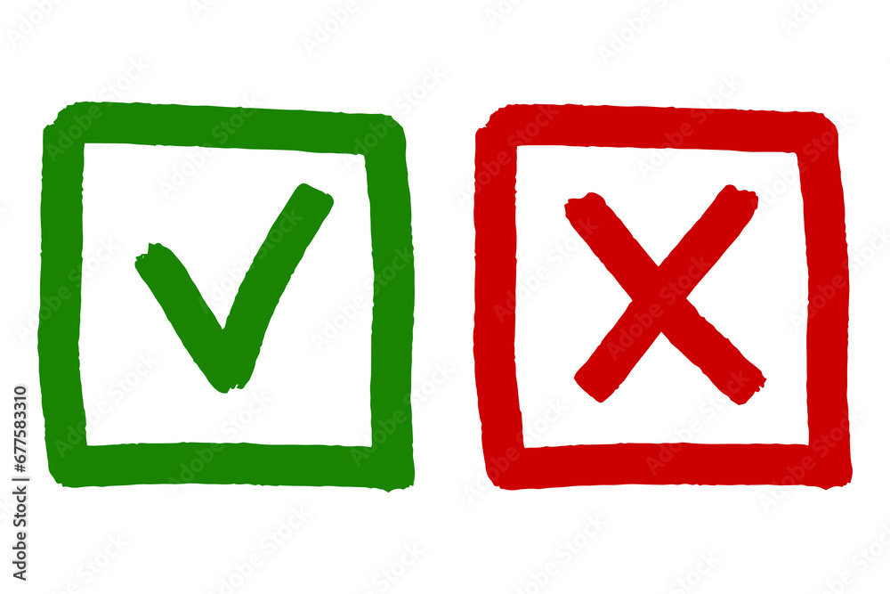 Clipart set of thick green checkmark and red cross in a square frame isolated on a white background. Vector textured elements, to-do list, hand drawn doodle. Clipart set of thick green checkmark and red cross in a square frame isolated on a white background. Vector textured elements, to-do list, hand drawn doodle.