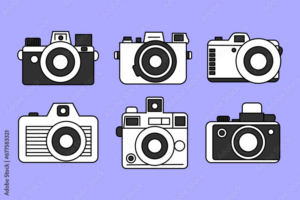Clipart set of minimalistic retro camera doodles on a bright purple background. Playful vintage film cameras in black and white. Clipart set of minimalistic retro camera doodles on a bright purple background. Playful vintage film cameras in black and white.