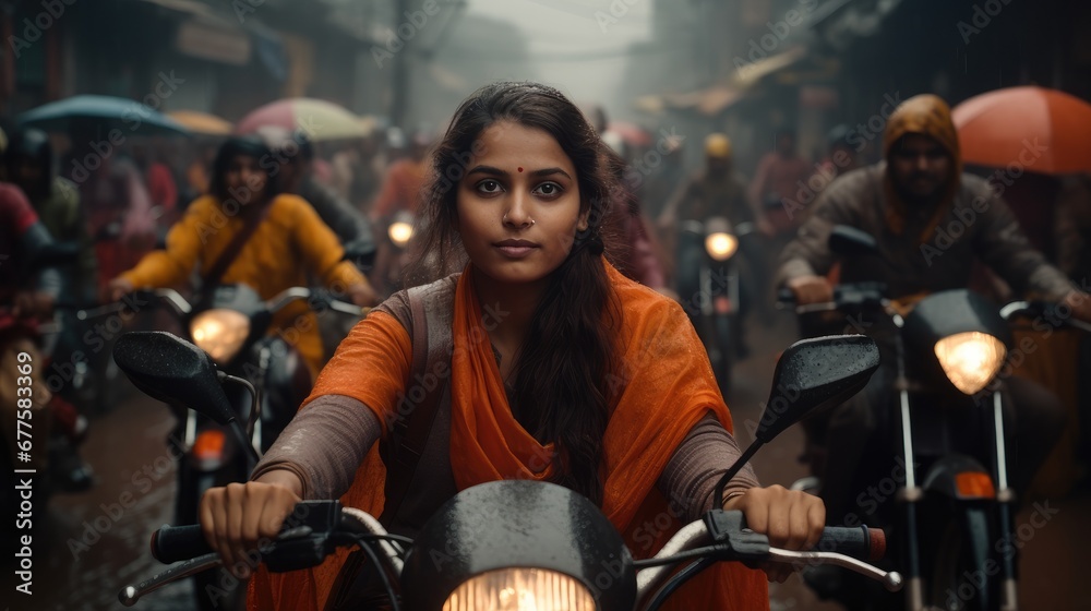 Hundreds of women on the street of India taking part in a motorcycle rally enjoying the ride in a rainy day.