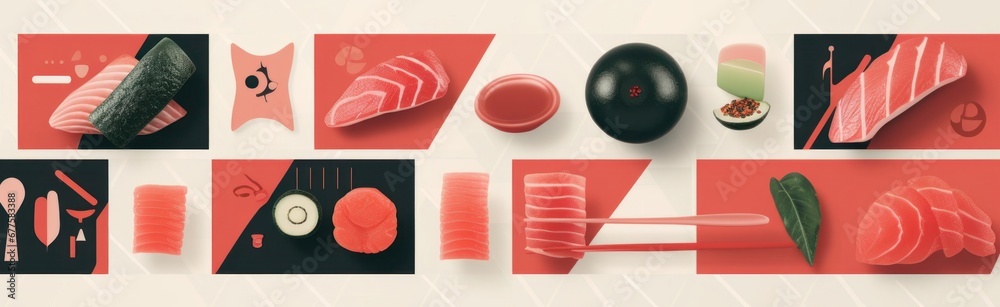 Japanese food geometric banner. Minimal asian seafood background sushi shrimp sashimi salmon rice soup.  design, Generative AI