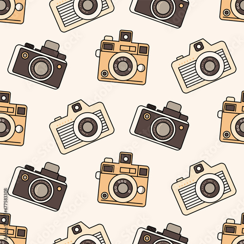 Seamless cute pattern three vintage cameras isolated on a light background. Background in retro colors, backdrop, wrapping paper, sepia tone.