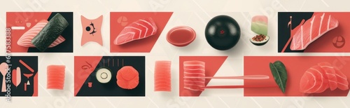 Japanese food geometric banner. Minimal asian seafood background sushi shrimp sashimi salmon rice soup.  design, Generative AI