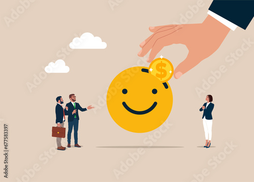Businessman hand put coin on smile emoji. Positive thinking, or an optimistic attitude. Increased emotional intelligence. Flat vector illustration