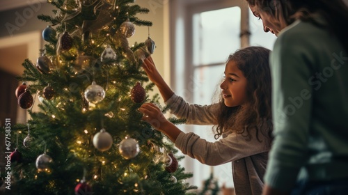 mother and daughter decorate the Christmas tree at home, back view, banner