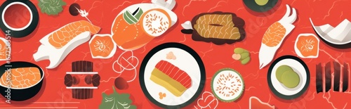 Asian food geometric banner. Minimal japanese chinese seafood background sushi shrimp sashimi salmon soup.  design, Generative AI