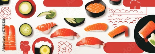 Asian food geometric banner. Minimal japanese chinese seafood background sushi shrimp sashimi salmon soup.  design, Generative AI