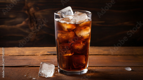 Iced coffee with ice cubes in glass on wooden table