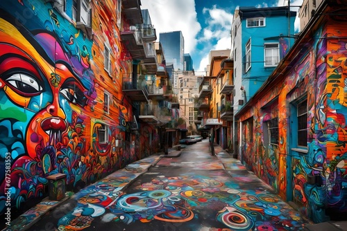 A dull city block transformed into a captivating masterpiece with a vibrant street art mural, showcasing bold psychedelic colors and intricate designs, impeccably captured by an HD camera photo