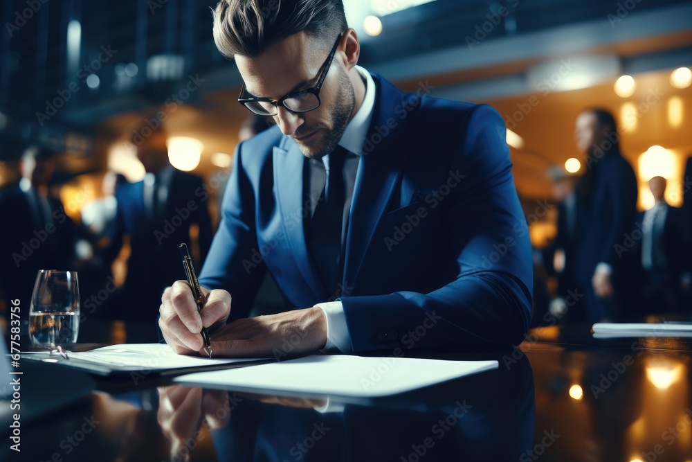 Confident businessman signing a contract in group negotiations, Business partners make a successful investment deal, Agreement, seller signs legal documents. Confident businessman signing a contract in group negotiations, Business partners make a successful investment deal, Agreement, seller signs legal documents.