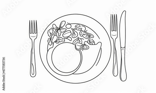 Continuous one line plate. Hand drawing art dinner theme with linear plate spoon knife fork for logo. Simple sketch design isolated on white background. AI