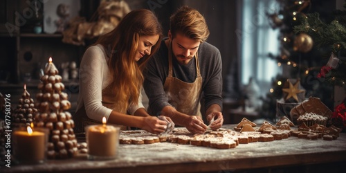 couple having actively making gingerbread cookies  Christmas tree in the background  banner