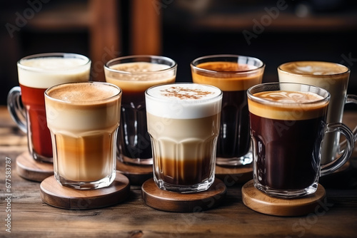 Close up multiple cups of coffee with variety of coffee drinks on wooden table in background of modern cafe. Lifestyle concept of rest and holidays. photo