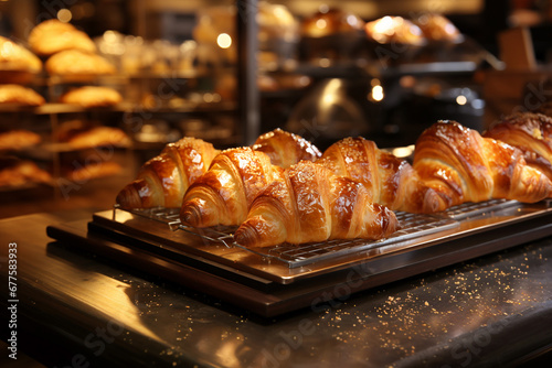 Croissants at a cafe or bakery, french breakfast in the morning with pastry photo