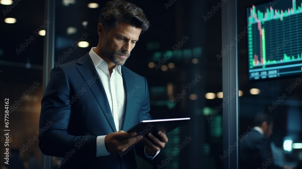 Determined businessman making online stock investments using a tablet Determined businessman making online stock investments using a tablet