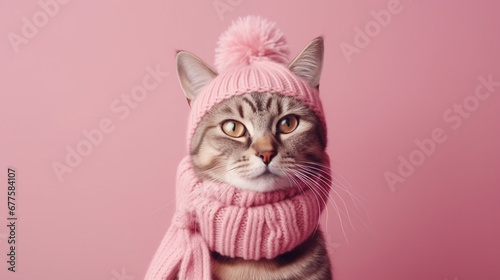 A cat in a pink scarf and hat. AI Generated