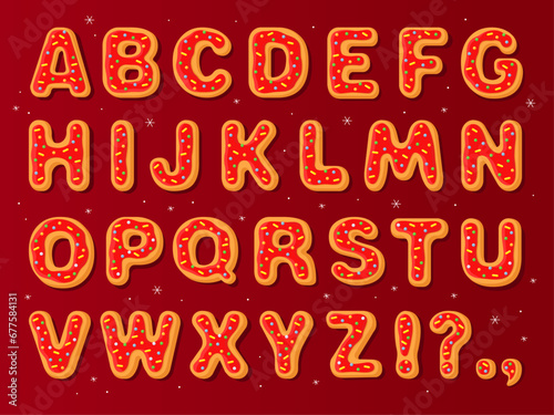 New Year's gingerbread cookies in the form of letters. English alphabet, bold uneven funny font for Christmas card, flyer, banner, poster. Red holiday gingerbread cookies on a red background